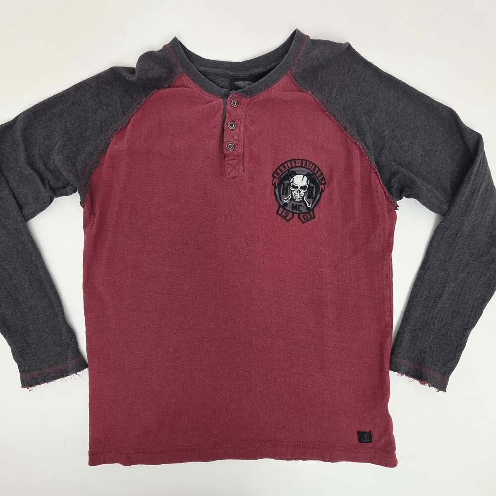 Vtg Harley-Davidson Mens Long Sleeve Henley Thermal Waffle Knit Skull Shirt XL